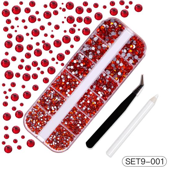1 Set 12 Grids Nail Art Rhinestone Kit with Storage Box Drill Pen Tweezers Glass Flatback Rhinestone DIY Nail Design Crafting Decoration Fake Gems