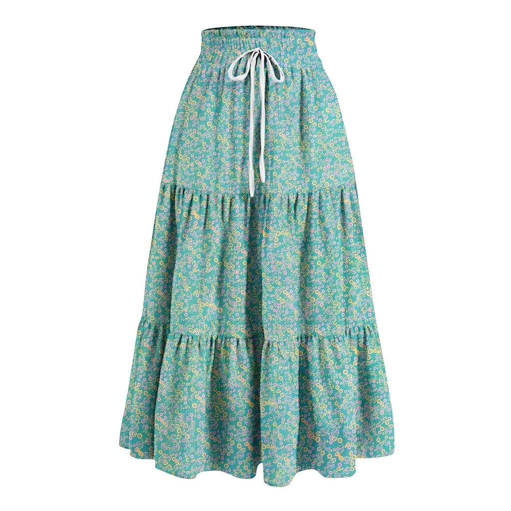Women's Ruffled Spring Casual Long Skirt Plain Color Skirt Retro Pleated Skirt