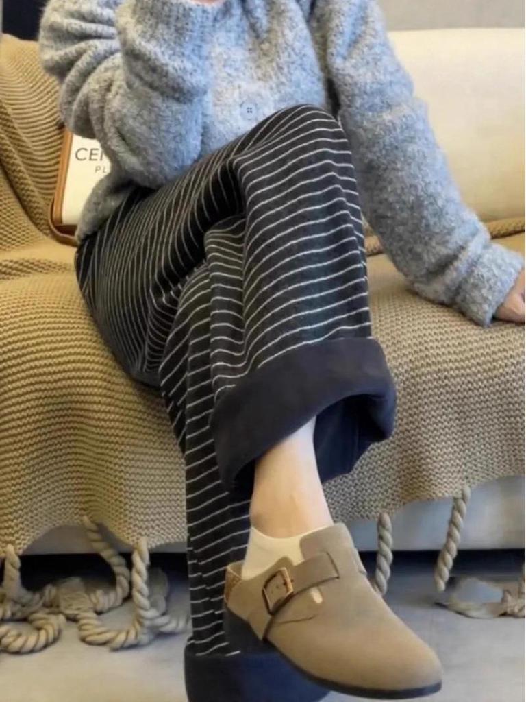 Women's High-Waist Retro Striped Velvet Wide-Leg Pants - Winter Warmth & Slim Fit