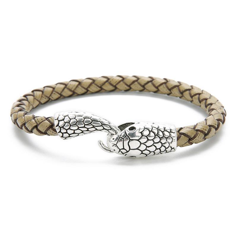 Vintage Silver Color Snake Easy-Hook Leather Bracelets Men Viking Jewelry Black Brown Braid Bracelet Charms Bangle 2019