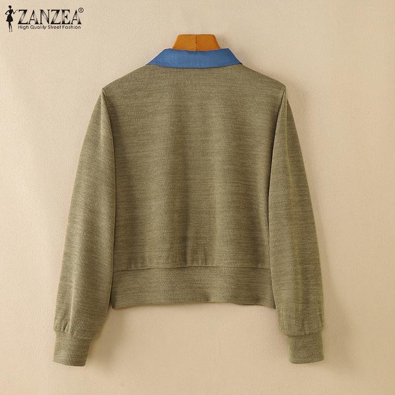 ZANZEA Women Casual Turn Down Collar Long Sleeve Patchwork Cardigans