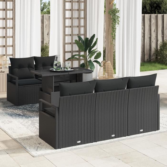 Ensemble de Canapés de Jardin de 6 Pièces avec Coussins en Noir Rattan Poly, Canapé de Jardin 2 Places avec Rangement 3357476