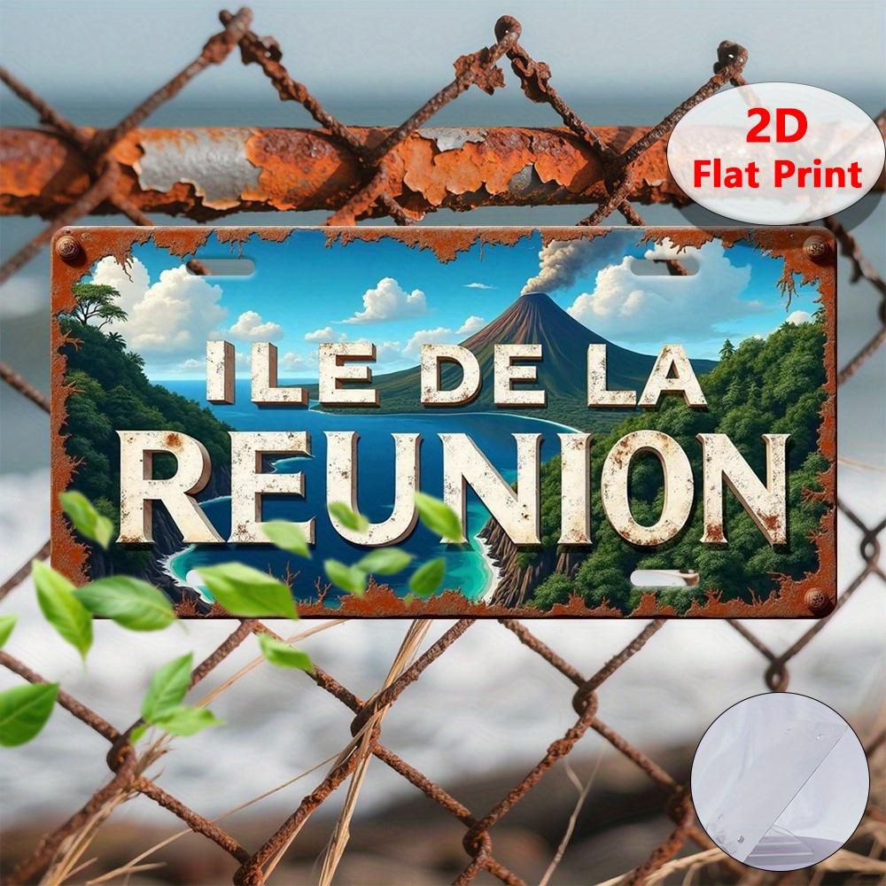 

D Flat pc Vintage Ile de la Reunion Metal Sign xcm Rustic Wall Art with Tropical Landscape Palm Trees Aluminum 15x30cm(5.9x7.8inch)