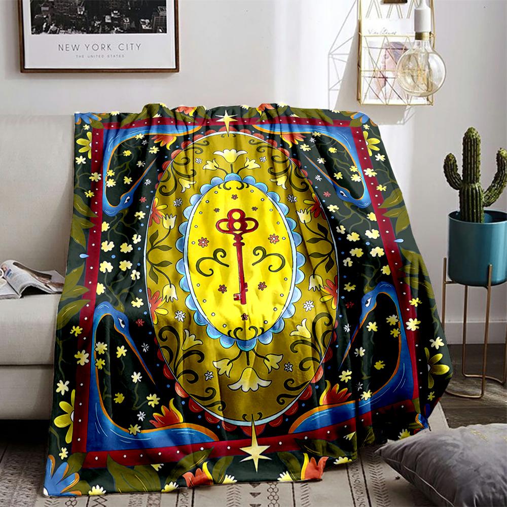 Vintage Style Blanket with Key Symbol, Floral Patterns, and Colorful Design Blanket, Suitable for Use In the Bedroom, Living Room, On the Sofa