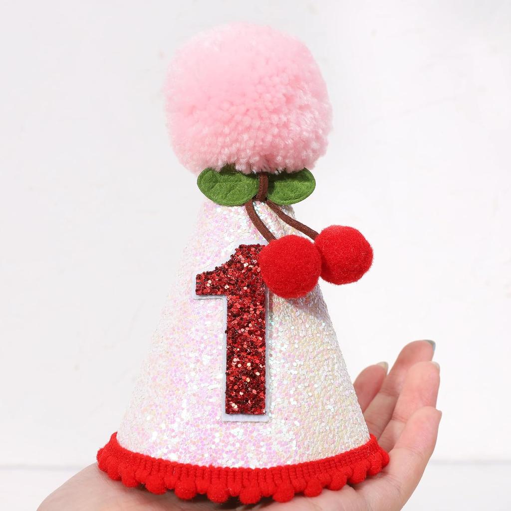Cherry 1st Birthday Hat - Sweet One Birthday Party Decorations,Cherry Pink Glitter First Birthday Hat For Girls,Fruit Themed Cake Smash Party