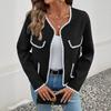 New Autumn Women's Casual Loose Trim V-Neck Color Block Round Neck Fake Pocket Jacket
