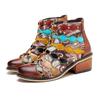 Genuine Leather Short Boots Hand Printed Retro Patchwork Fashionable Rivets Mid Heeled Shoes