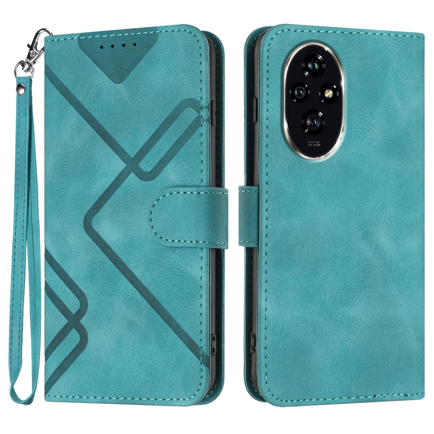 

For Honor 200 Pro 5G Wallet Case Line Imprinted PU Leather Phone Cover with Strap Light Blue