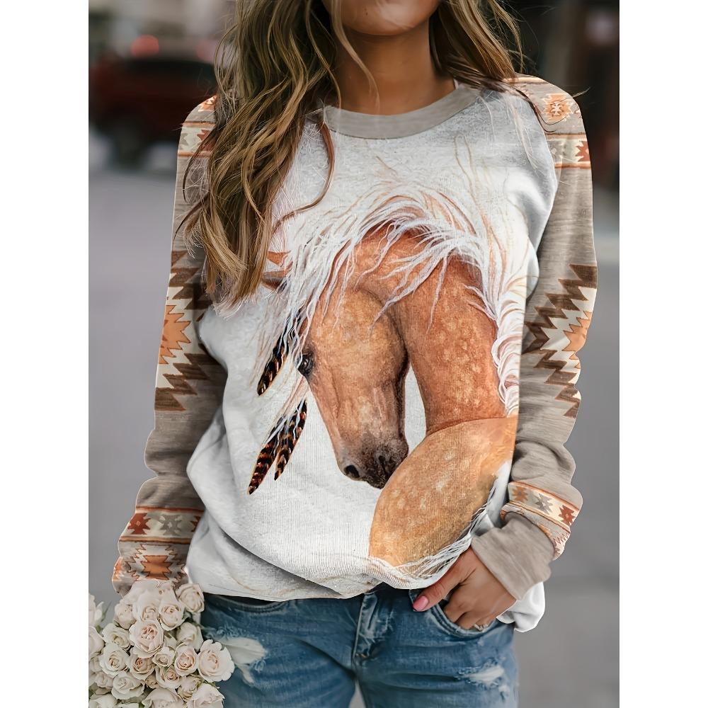 Fashion Women's Sweatshirt Horse Graphic Print Sweatshirt Casual Long Sleeve Crew Neck Pullover Clothing