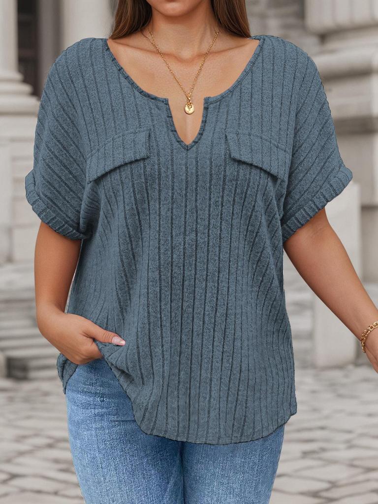 2026 Spring/Summer Plus Size Women's V-Neck Short Sleeve Solid Color Pullover T-Shirt