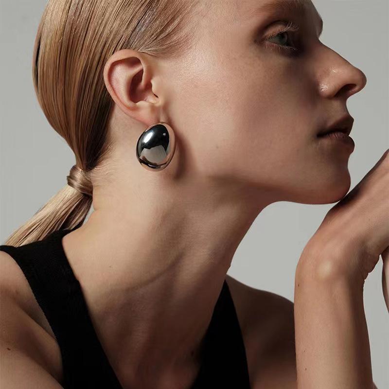 Stainless Steel Smooth Big Oval Stud Earrings for Women Exaggerated Hollow Ball Geometric Ear Buckle Earring Jewelry Gift