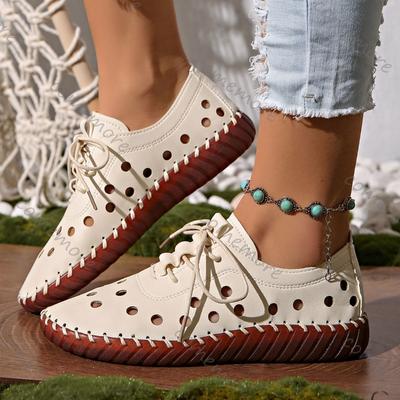Mode Comemore Frühling Sommer Damen Ballerinas Ausgeschnitten Schnürschuh Loch Einzelne Schuhe für Damen Lässig Weiches Leder Weiche Sohle Sneakers Schuhe