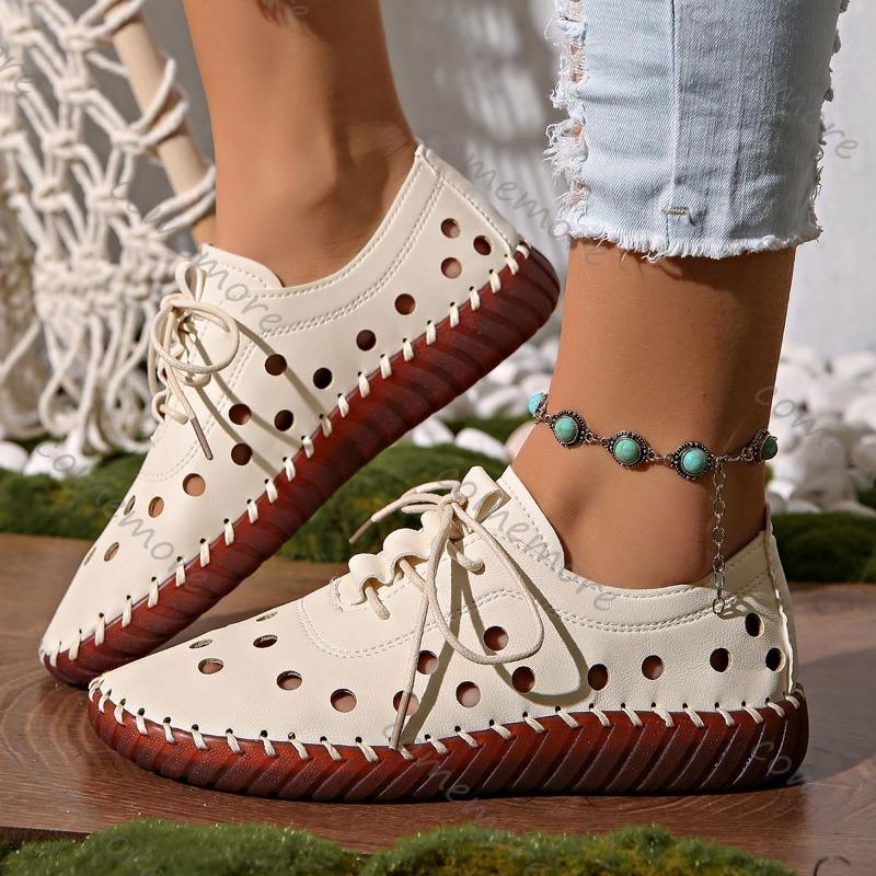 Comemore Spring Summer Women Flats Hollow Out Lace Up Hole Single Shoes for Women Casual Soft Leather Soft Sole Sneakers Shoes