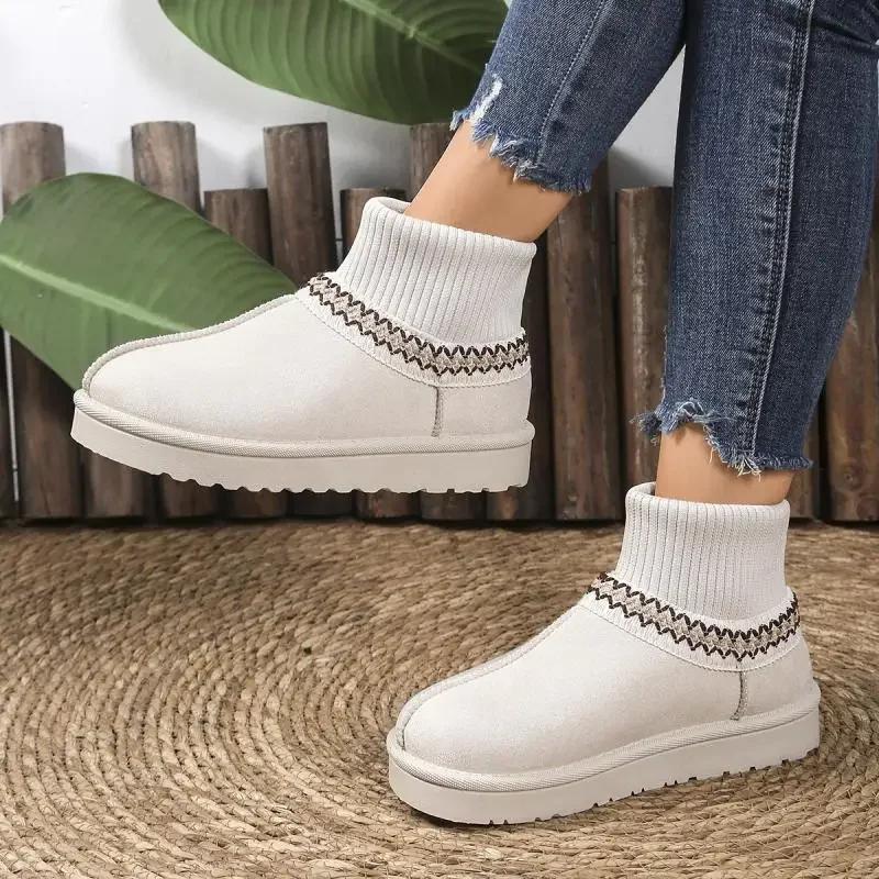 Casual Ethnic Embroidery Snow Boots Women  Soft Thick Bottom Short Plush Snow Boots Winter Warm Knitted Boot Tube Shoes