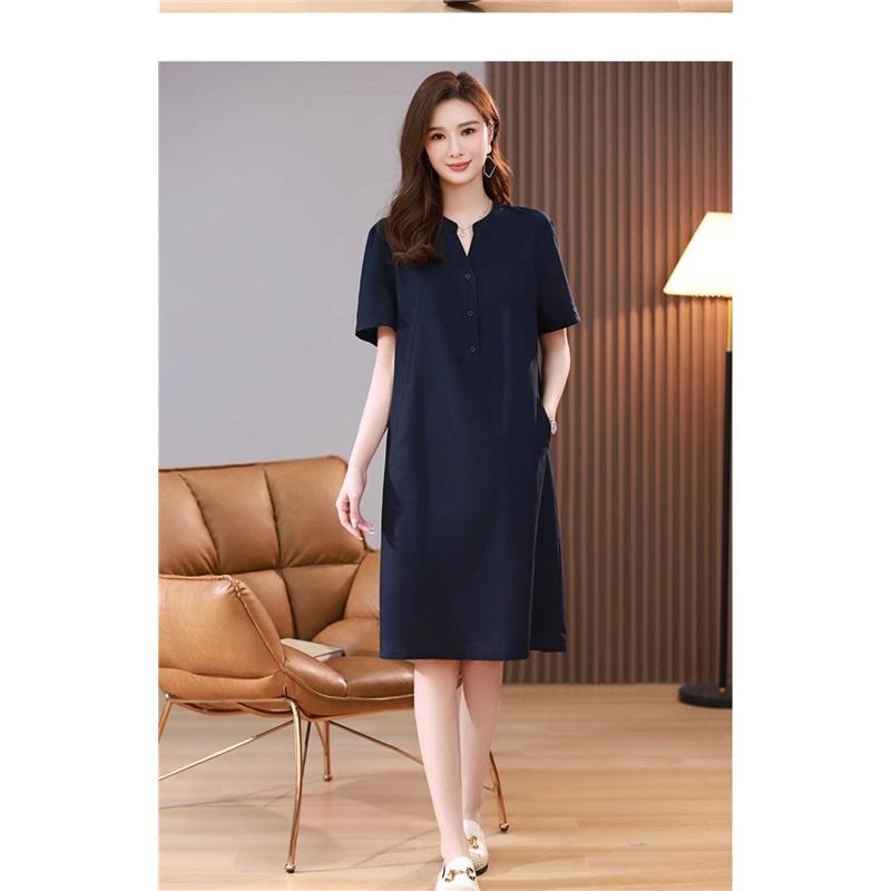 Women Summer Linen Cotton Dress V Neck Half Button Short Sleeve Midi Dress Loose Plus Size Elegant Mother Dress Casual Pocket Dresses