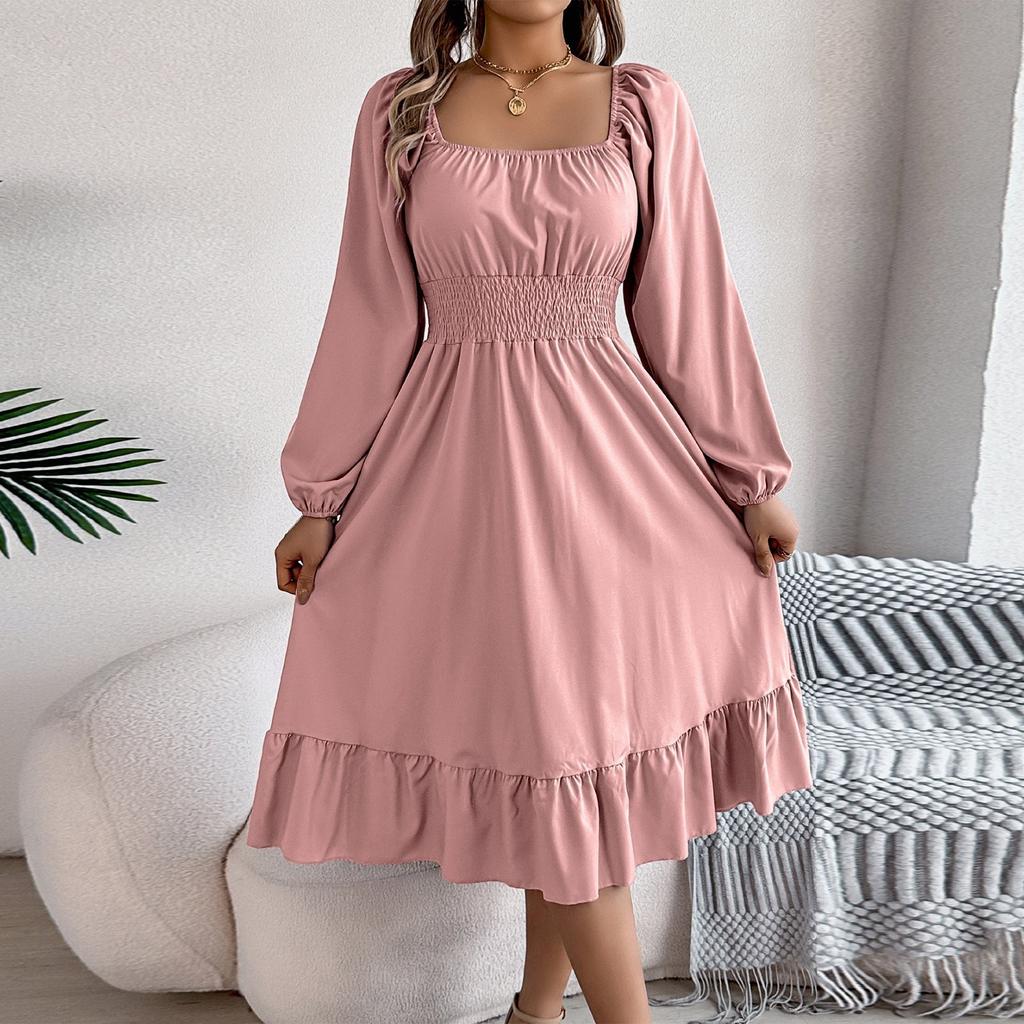 Women's Fashion Retro Solid Color Long Sleeve Waist A-Line Skirt Square Neck Pullover Dress