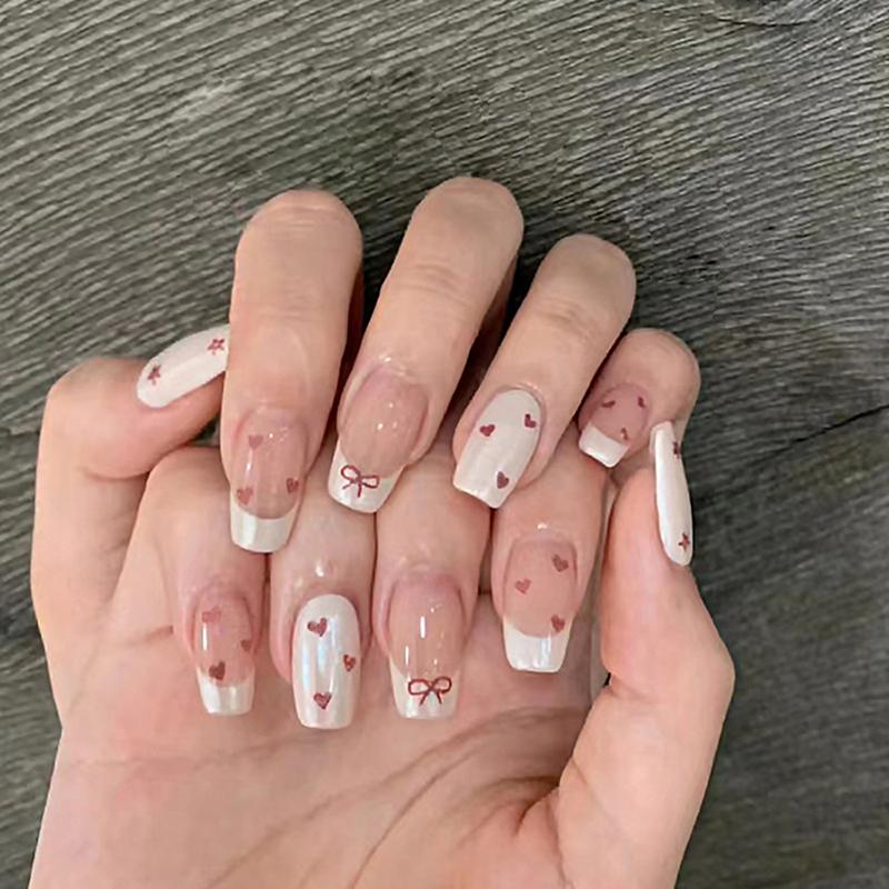 24Pcs French Love Bow Press On Nails Cute And Versatile Design False Nail For Women Girls Removable Wearable Art