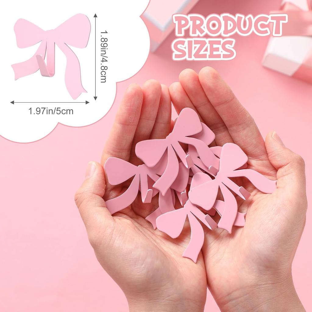 6 Pcs Pink Bow Decorative Wall Hooks Metal Strong Adhesive Wall Door Hanger Coquette Room Decor Cute Towel Coat Hooks Preppy Hanging Decor for Home