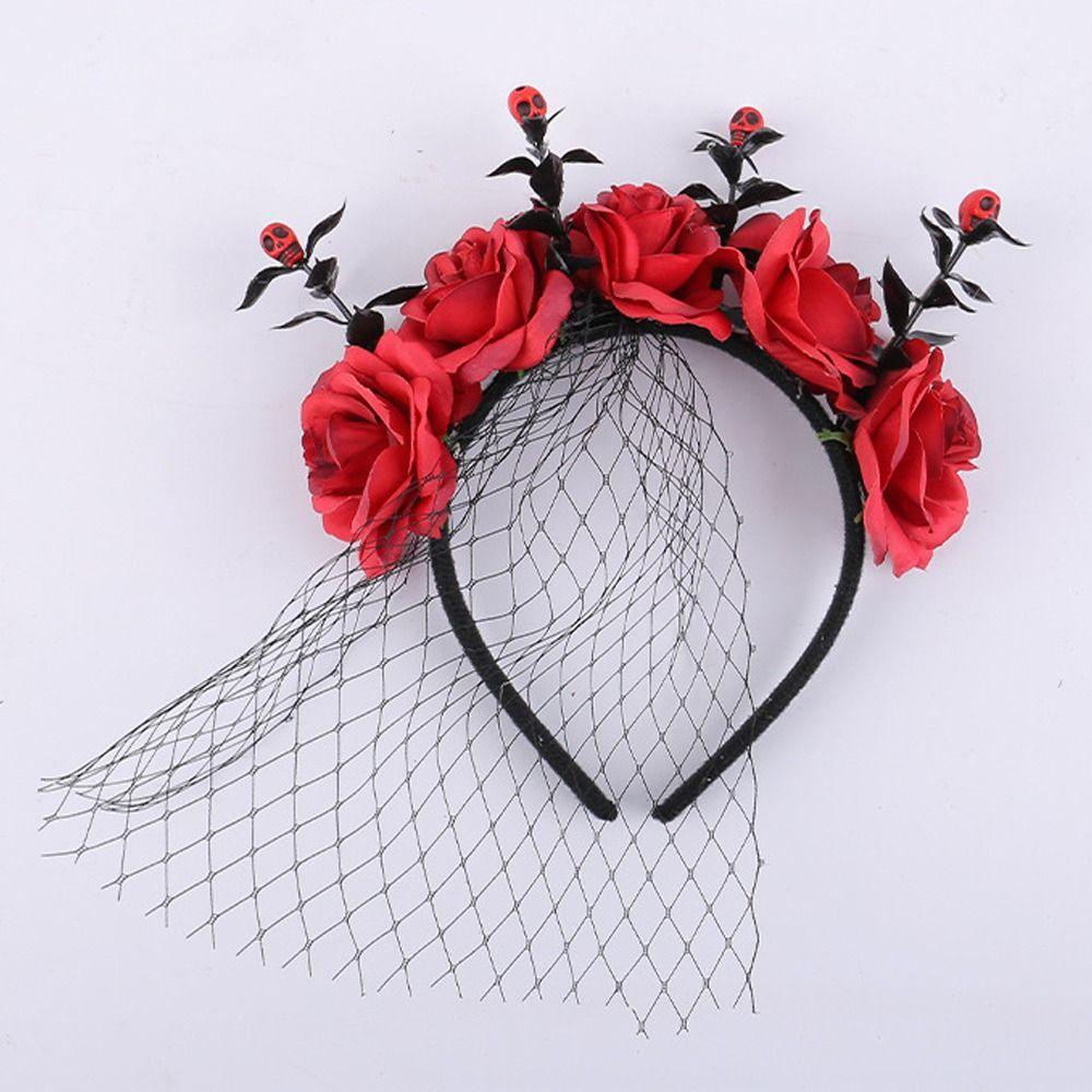 Lace Veil Rose Hair Hoop Non-slip Halloween Flower Crown  Costume Party Accessories