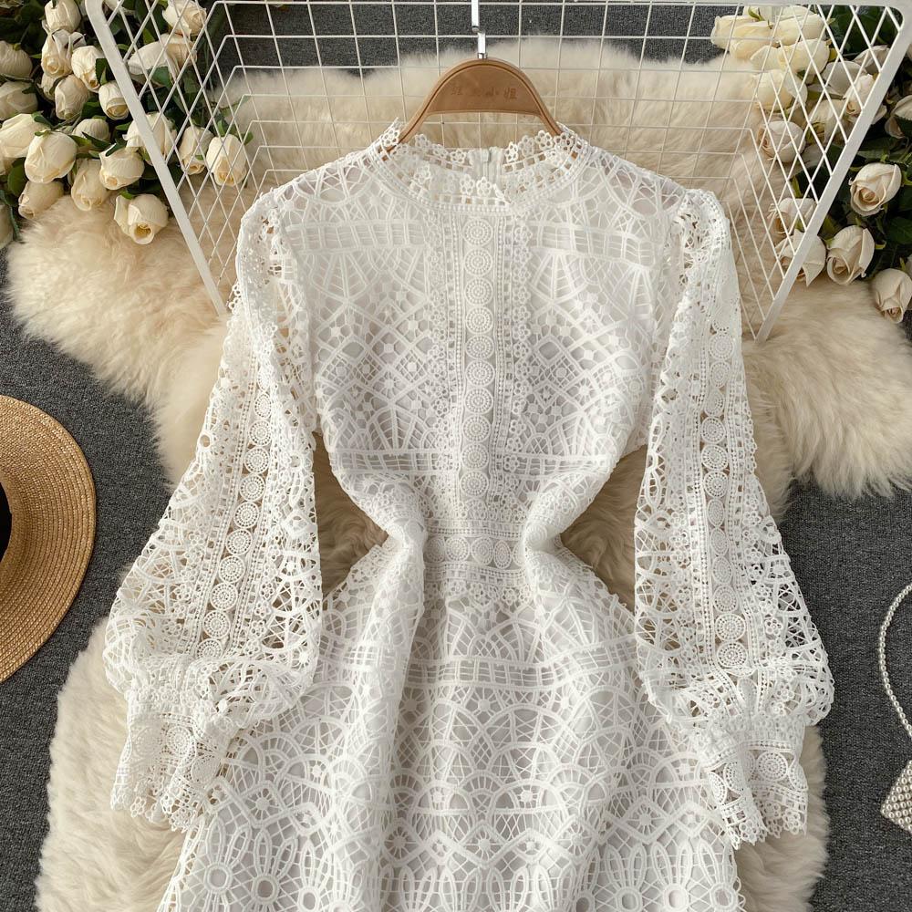 RUGOD Robe rétro haut de gamme de déesse du tempérament, robe trapèze en dentelle à crochet creux à taille fine et fleur