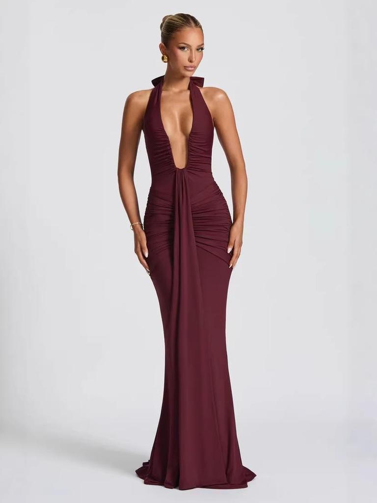 2026 Deep V-Neck Evening Gown Dress - Women's Sexy Solid Color Fashion