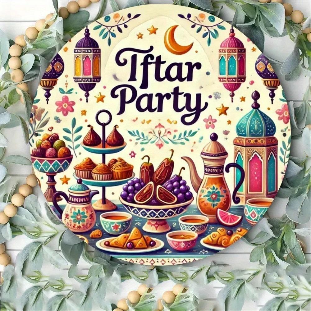 Жестяное настенное искусство Декоративный венок на Рамадан Круглая табличка 8x8 дюймов Подвесное украшение 20x20