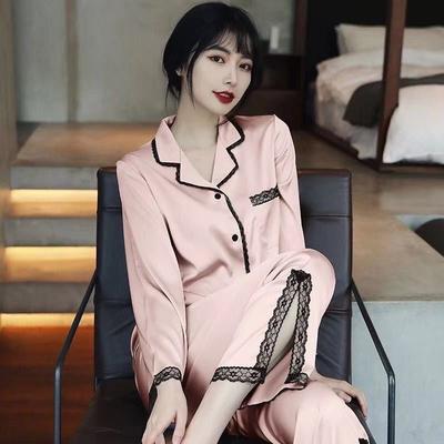 2pcs/set Women's Sexy Ice Silk Student Homewear Big Size Solid Color Cardigan Lace Long Sleeve Long Pants Ladies Sleepwear