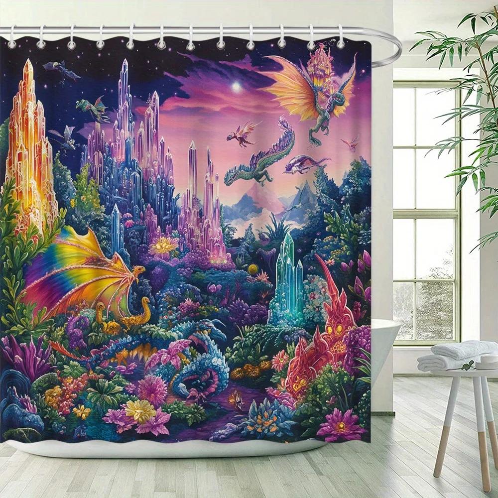 YXFantasy Art Duschvorhang - Biolumineszenter Wald mit fliegenden Drachen, Lebendiger Digitaldruck, Polyester, Mystische Badezimmer-Deko
