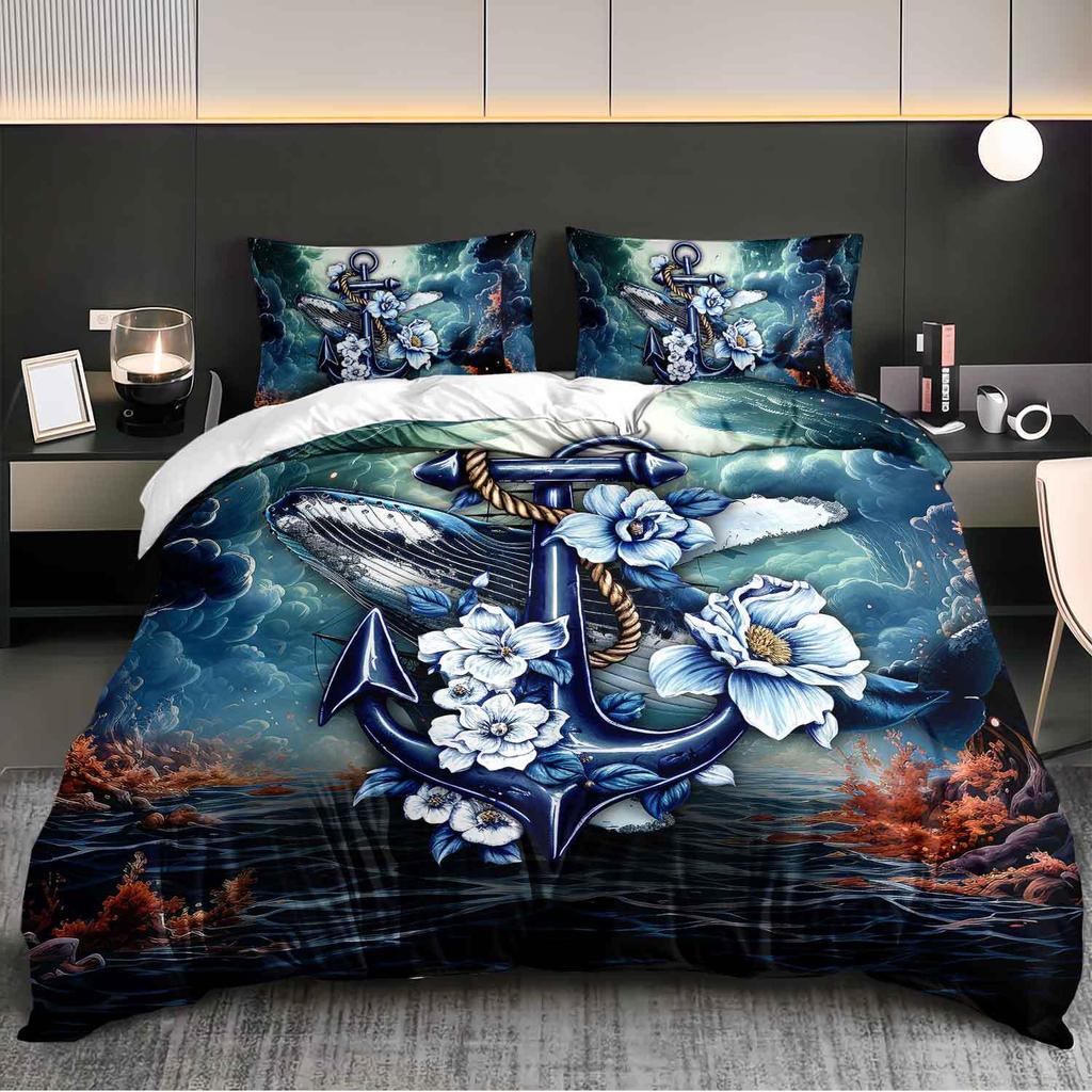 3Pcs Ocean Whale Anchor Bedding Duvet Cover Set Nautical Bedding Quilt Set Whale Themed Bed Set Luxury Bedroom Decor