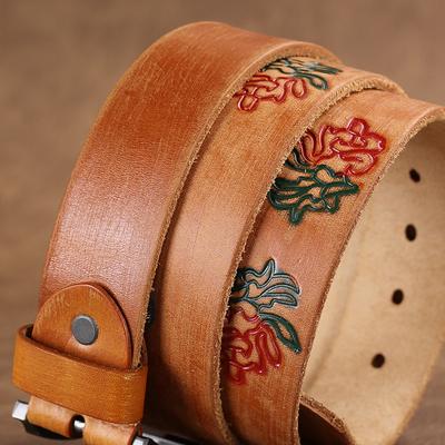 Leather Belt with Abrasion Marks Vintage Artistic Style Large Floral Head Layer Cowhide Design Embossed Niche Trend