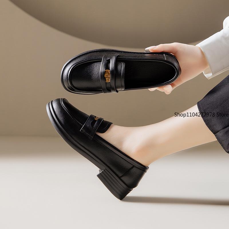 Fashion Super Soft Gold Coin Loafers Pu Leather Women's 2025 New British Style Thick Heel Flats One Pedal Pumps Female Plus Size 42