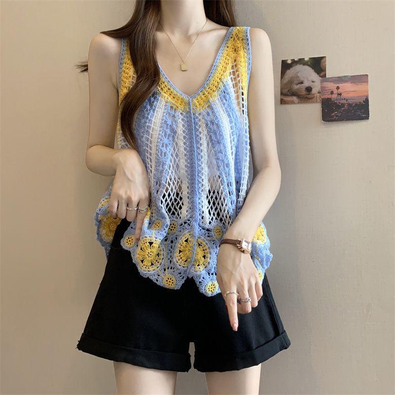 Летний вязаный крючком кружевной жилет с бахромой One Size светло-синий