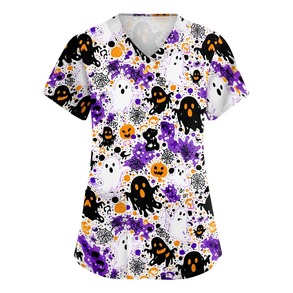Women's V-Neck Short Sleeve Scrub Top with Pockets Halloween Print for Work