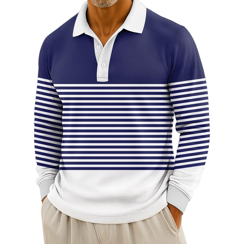 Men's Casual Striped Print Button-Up Long-Sleeve Tops