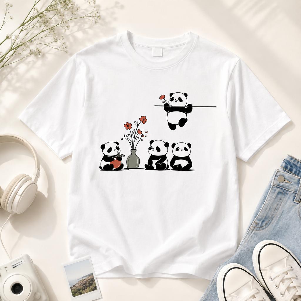 Cute Panda Flower Pattern WoUnisexs Retro Aesthetic Casual Soft Cotton Tshirt Flower Pattern Animal Printed Top