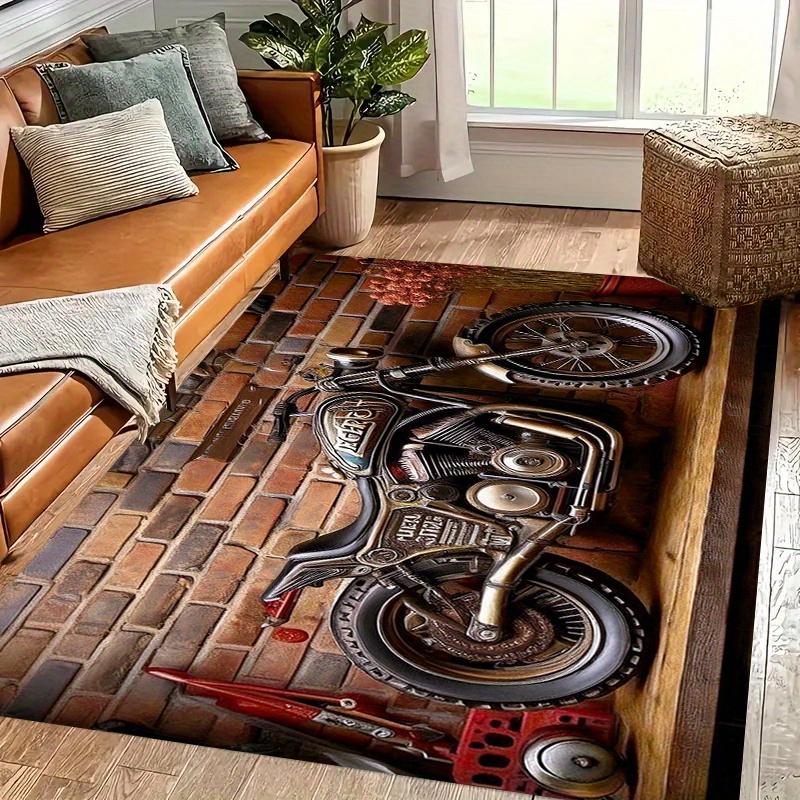 

Motorcycle Print Flannel Rug Living Room Decor Vintage Bike Pattern Floor Mat Home Decoration Soft Fleece Carpet Indoor Area 60x90cm