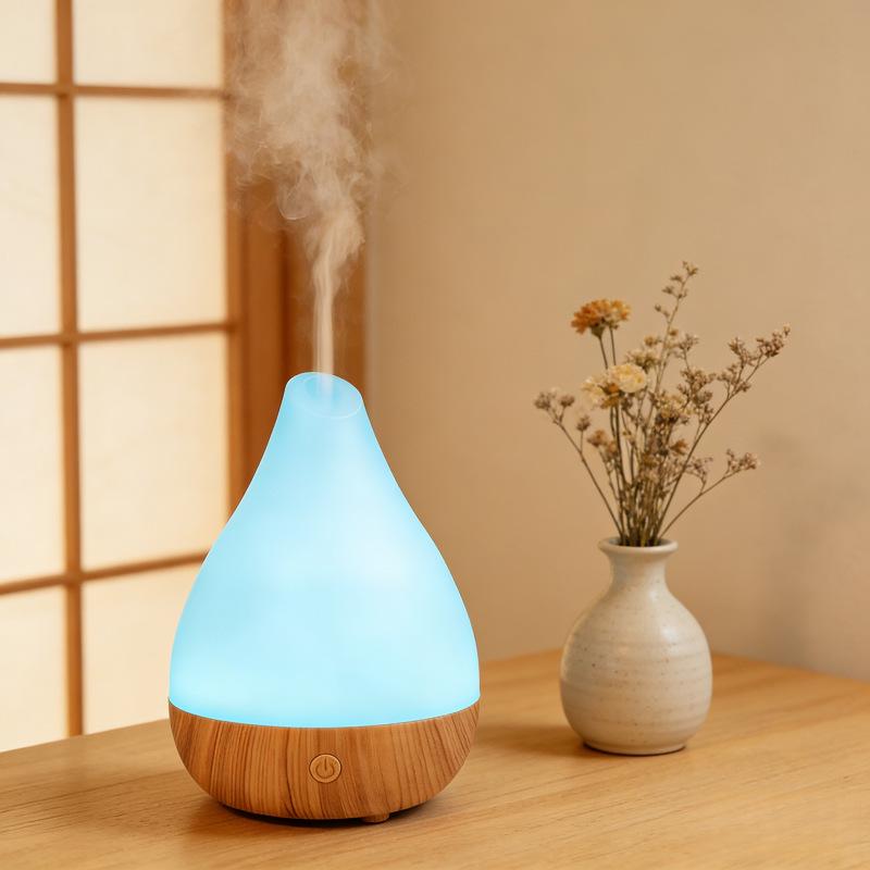 Colorful LED Aroma Diffuser with Wood Grain Base - Small Desktop Humidifier & Fragrance Machine