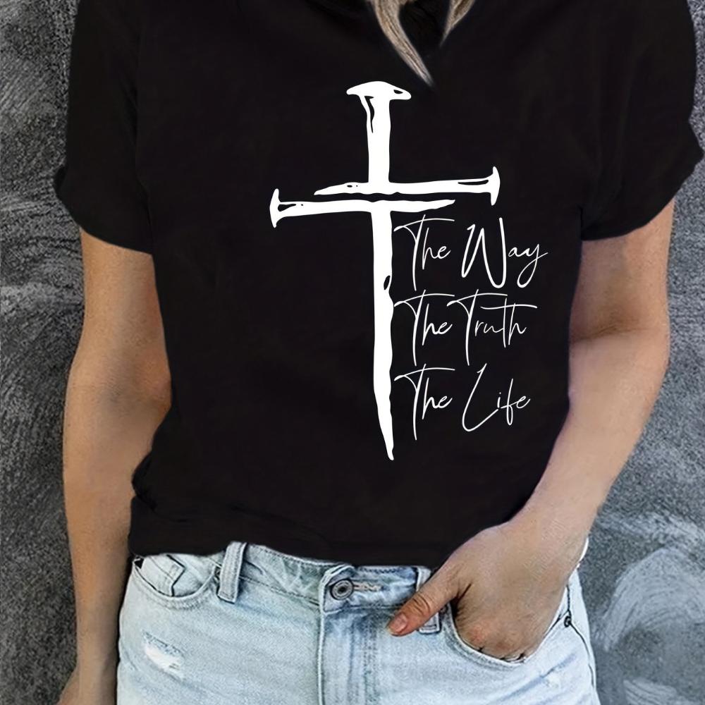 Tričko Love Like Jesus s potiskem, krátký rukáv s výstřihem, neformální top na léto a jaro, dámské oblečení