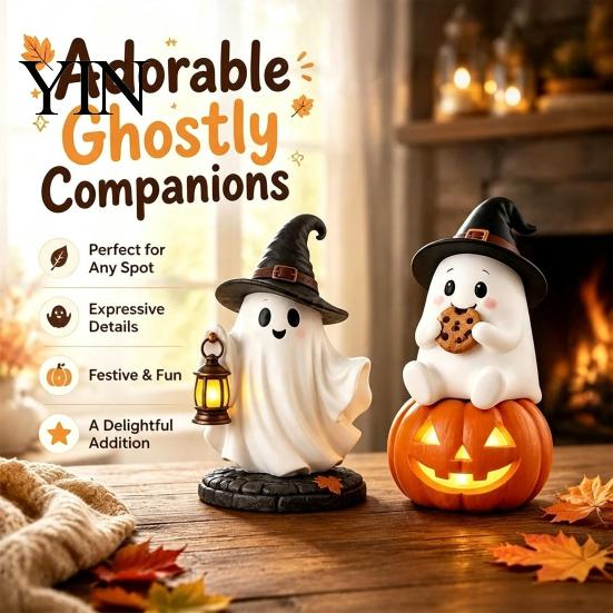 Miniature Ghost Statue Lighted Halloween Figurine, Spooky Resin Witch on Pumpkin/Holding Lantern LED Night Light Figurine with for Desktop Bookshelf