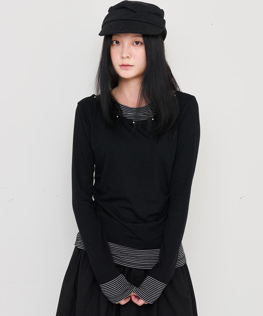 OURSAYSOUR V-Neck Layered Studded Slim Long Sleeve Black Stripe