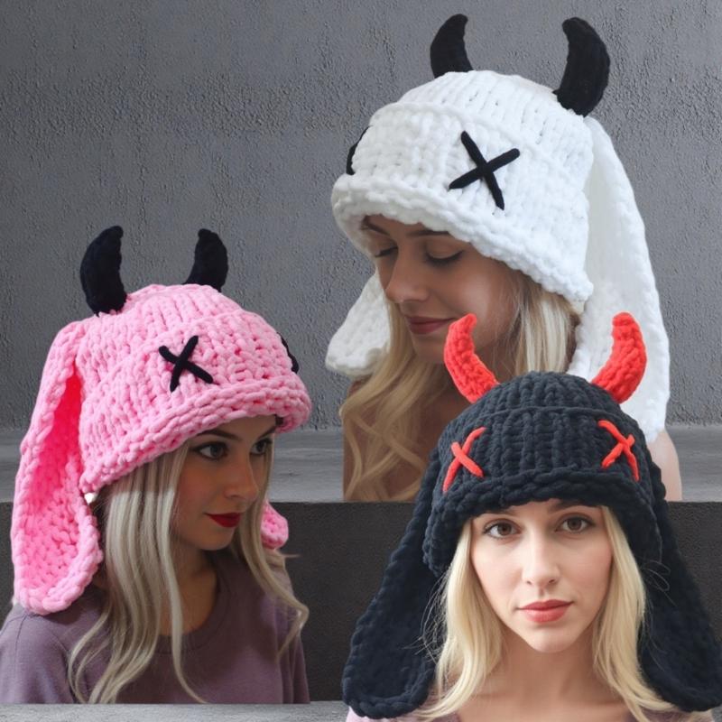 Funny Devil Horns And Rabbit Ears Soft Hat For Christmas Halloween Cosplay Costume Party