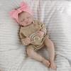 18Inch 46cm Simulated Doll Brown Knitted Rainbow Jumpsuit Pink Bow Headband Vinyl Rebirth Doll Bath Toy Limb Flexibility Doll with Feeding Accessories