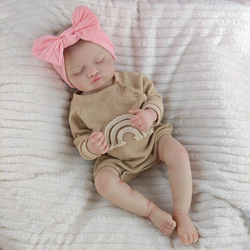 18Inch 46cm Simulated Doll Brown Knitted Rainbow Jumpsuit Pink Bow Headband Vinyl Rebirth Doll Bath Toy Limb Flexibility Doll with Feeding Accessories