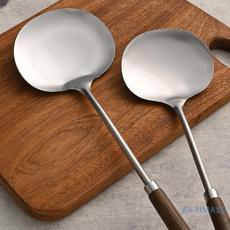 Espátula para Wok de Acero Inoxidable Cuchara de Cocina Específica para Chef Mango Largo de Madera Pala para Champiñones Utensilios de Cocina para Cocinar