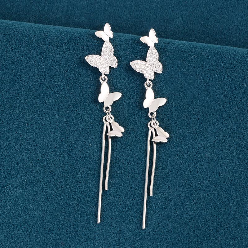 925 Sterling Silver Butterfly Tassel Earrings for Women - Elegant Diamond-Inlaid Design 925 Silver