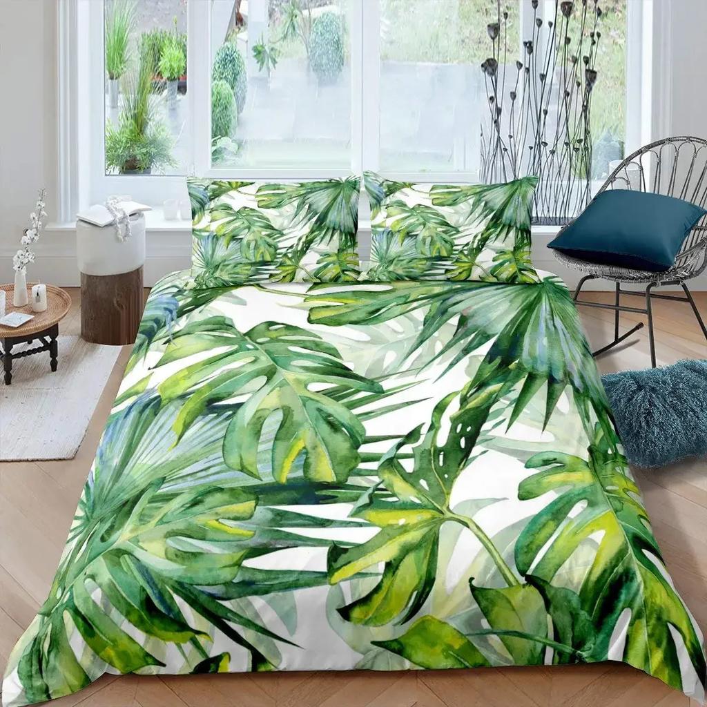 Leaf Duvet Cover Set Romantic Holiday Island Hawaiian Banana Trees Bedding Set Double Queen King Full Size Polyester Qulit Cover