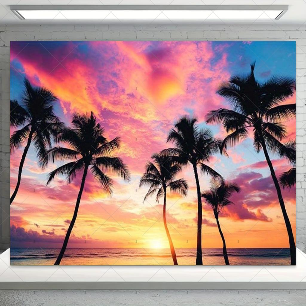 Summer sunset themed photography backdrop, palm trees, tropical ocean, beach, natural landscape, party banner, decor3085