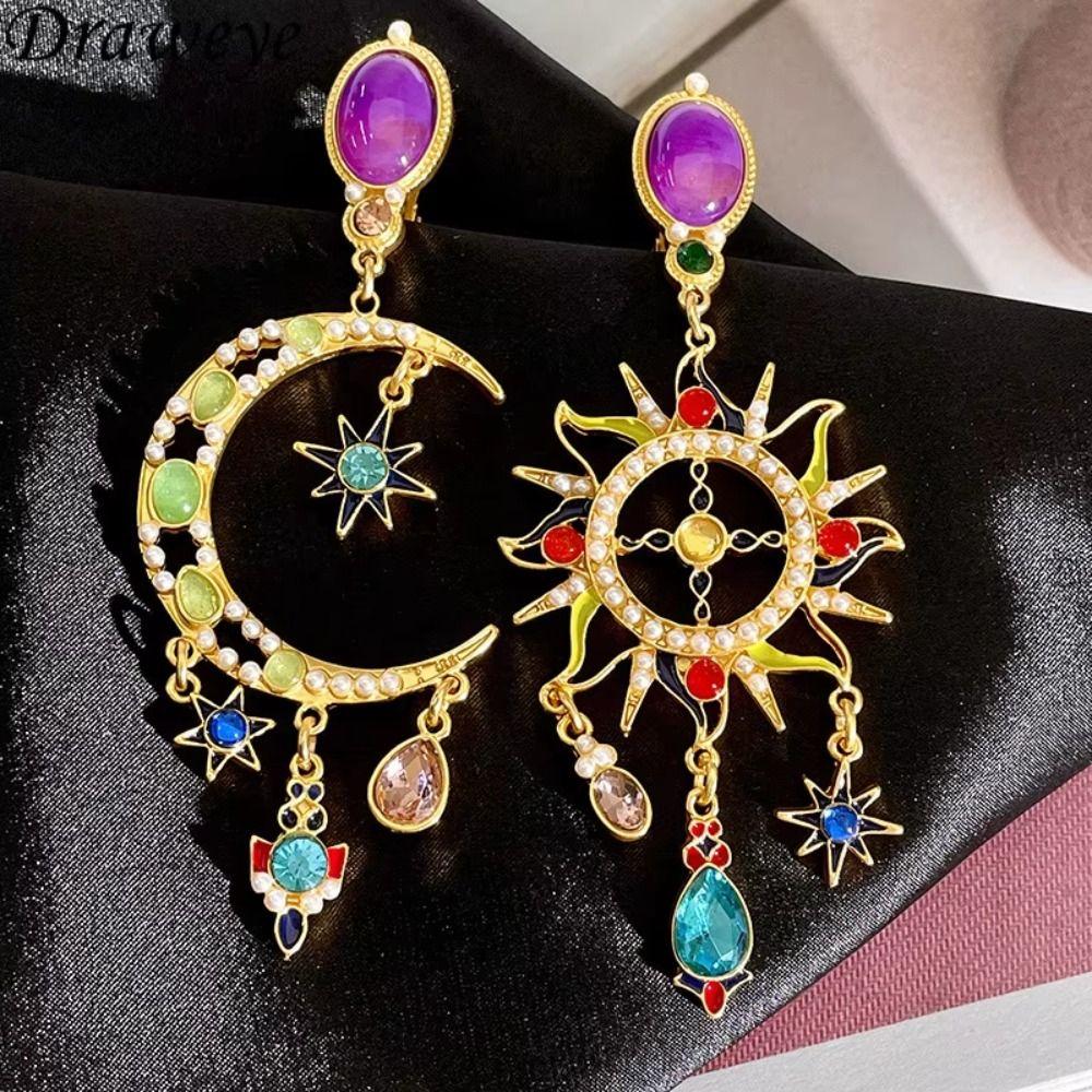 Handmade Sun&Moon Earrings Minority Design Crystal Earrings Cute Dangle Earring  Gift