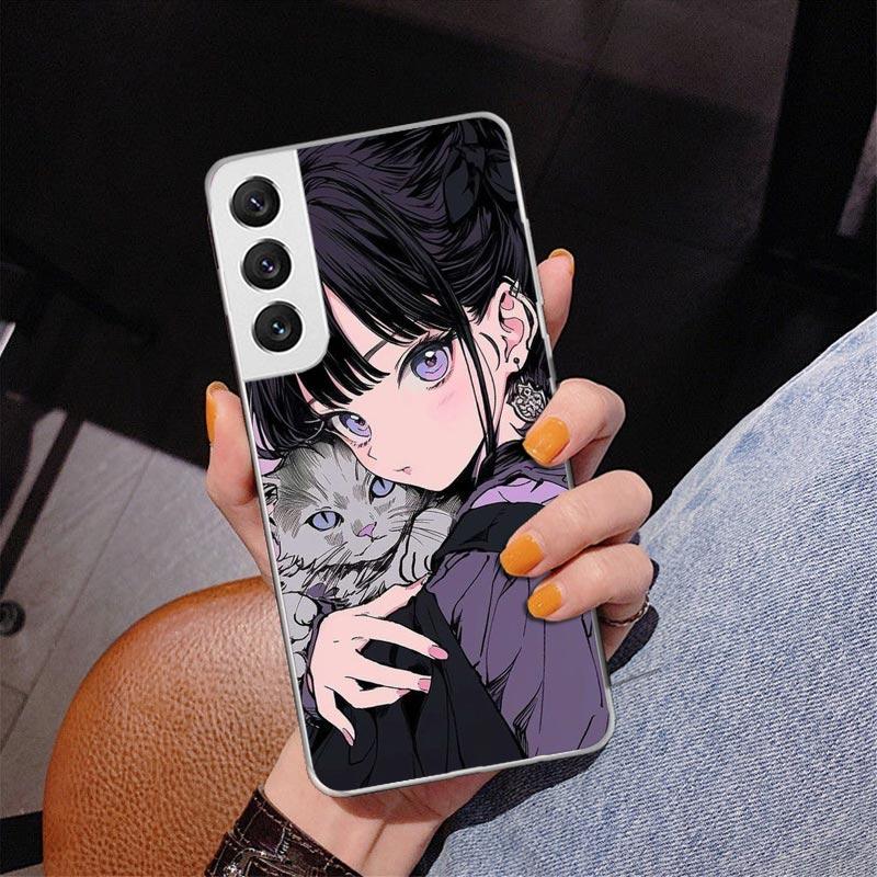 Anime Girls Cute Black Cat Phone Case For Samsung Galaxy S24 S25 Edge S26 Ultra S23 S22 S21 Plus S20 FE + Personalized Print Cov