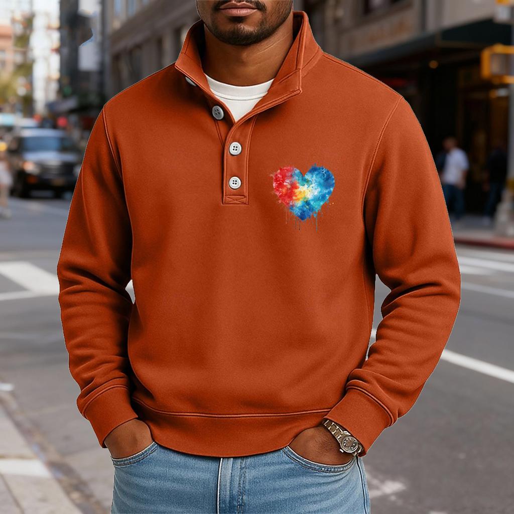 Men's Casual Stand-Up Collar Long-Sleeve Top Print Button-Down Sweatshirt